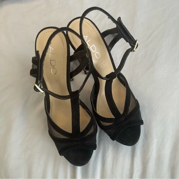 Aldo Sexy Strappy Stiletto Platform Heels Black Leather Suede and Mesh Size 7 - Picture 4 of 10